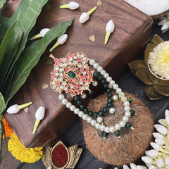 Vriksham Antique Floral With Green & White Beaded Design 1 Gram Gold Jad Billai-G20331