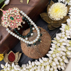 Vriksham Antique Floral With Green & White Beaded Design 1 Gram Gold Jad Billai-G20331