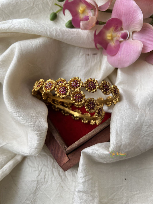 Premium Gold Look Alike AD Stone Bangle Set -Floral Red Bridal Bangle  - G11952