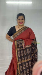 Vriksham Burn Red & Black Maheshwari Silk Cotton Saree-Handloom Maheshwari Saree-VS4944