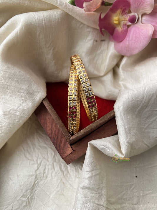 Premium Gold Look Alike AD Stone Bangle Set - Red White Bridal Bangle  - G11948