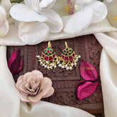 Vriksham Half Moon With Floral Style Kundan Jadau Press Bugadi-Red Green-Pearl-J3518