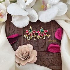 Vriksham Royal Diya & Leaf Style Kundan Jadau Press Bugadi-Green Red-Pearl-J3524