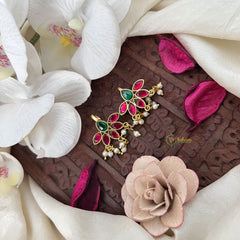 Vriksham Royal Diya & Leaf Style Kundan Jadau Press Bugadi-Green Red-Pearl-J3524