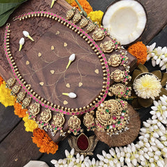 Vriksham Unique Peacock 1 gm Gold Neckpiece-Red Green- Rice Pearl-G18748