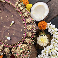 Vriksham Unique Peacock 1 gm Gold Neckpiece-Red Green- Rice Pearl-G18748