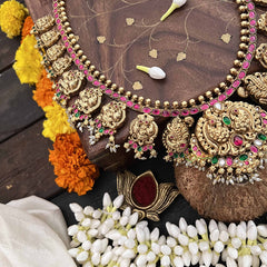 Vriksham Unique Peacock 1 gm Gold Neckpiece-Red Green- Rice Pearl-G18748