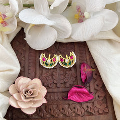 Vriksham Chand Bali With Pearl Kundan Jadau Press Bugadi-Red Green & White-J3529