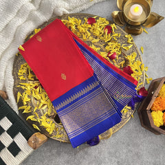 Vriksham Red With Blue Border Korvai Thirubuvanam Silk Saree-Pure Silk-VS4351