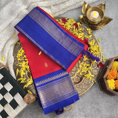 Vriksham Red With Blue Border Korvai Thirubuvanam Silk Saree-Pure Silk-VS4351
