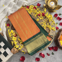 Vriksham Orange With Green Border Korvai Thirubuvanam Silk Saree-Pure Silk-VS4353