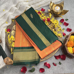 Vriksham Orange With Green Border Korvai Thirubuvanam Silk Saree-Pure Silk-VS4353