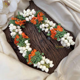 Vriksham White Jasmin Floral Buds Gajra Bun Flower Accessories-Orange & Green-KH1257