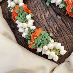 Vriksham White Jasmin Floral Buds Gajra Bun Flower Accessories-Orange & Green-KH1257
