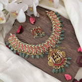 Vriksham Exquisite Lakshmi Pendant Peacock Kundan Jadau Short Neckpiece-Pastel Green Bead-J2988