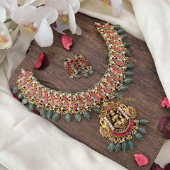 Vriksham Exquisite Lakshmi Pendant Peacock Kundan Jadau Short Neckpiece-Pastel Green Bead-J2988