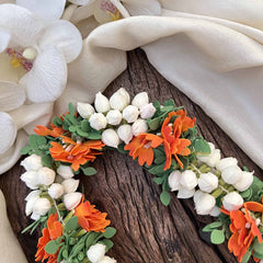 Vriksham White Jasmin Floral Buds Gajra Bun Flower Accessories-Orange & Green-KH1257
