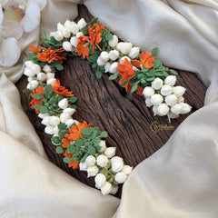 Vriksham White Jasmin Floral Buds Gajra Bun Flower Accessories-Orange & Green-KH1257