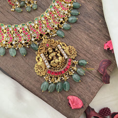 Vriksham Exquisite Lakshmi Pendant Peacock Kundan Jadau Short Neckpiece-Pastel Green Bead-J2988