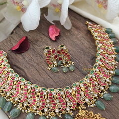 Vriksham Exquisite Lakshmi Pendant Peacock Kundan Jadau Short Neckpiece-Pastel Green Bead-J2988
