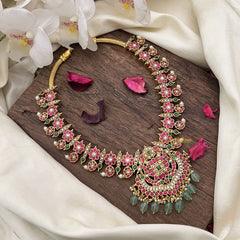 Vriksham Unique Dual Peacock Pendant Kundan Jadau Floral Maanga Short Neckpiece-Pastel Green Bead-J2989