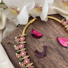 Vriksham Unique Dual Peacock Pendant Kundan Jadau Floral Maanga Short Neckpiece-Pastel Green Bead-J2989