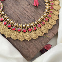 Vriksham Gold Look Alike Lakshmi Coin With Dual Peacock Kundan Jadau Neckpiece-J2902