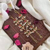 Vriksham Diya Shape Kundan Jadau Single Strand Maatil-Red Green & White-Rice Pearls-J3248