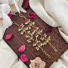 Vriksham Diya Shape Kundan Jadau Single Strand Maatil-Red Green & White-Rice Pearls-J3248