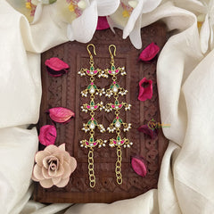 Vriksham Diya Shape Kundan Jadau Single Strand Maatil-Red Green & White-Pearls-J3249