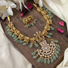 Vriksham Unique Pendant Lakshmi Peacock Kundan Jadau Short Neckpiece-Pastel Green Bead-White-J2990