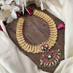 Vriksham Dual Peacock With Lakshmi Coin Kundan Jadau Neckpiece-Off White & Pastel Green Bead-J2958