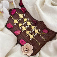 Vriksham Exquisite Kundan Jadau Single Strand Maatil-Red Green & White-Rice Pearls-J3253