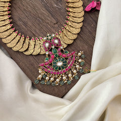 Vriksham Dual Peacock With Lakshmi Coin Kundan Jadau Neckpiece-Off White & Pastel Green Bead-J2958