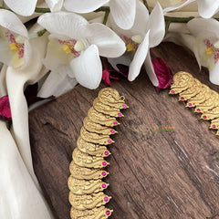 Vriksham Dual Peacock With Lakshmi Coin Kundan Jadau Neckpiece-Off White & Pastel Green Bead-J2958