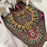 Vriksham Unique Pendant Lakshmi Peacock Kundan Jadau Short Neckpiece-Pastel Green Bead-Red-J2991