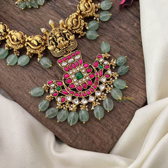 Vriksham Unique Pendant Lakshmi Peacock Kundan Jadau Short Neckpiece-Pastel Green Bead-Red-J2991