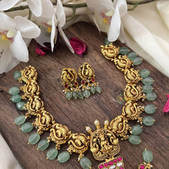 Vriksham Unique Pendant Lakshmi Peacock Kundan Jadau Short Neckpiece-Pastel Green Bead-Red-J2991
