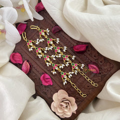 Vriksham Floral Kundan Jadau Single Strand Maatil-Red Green & White-Rice Pearls-J3245