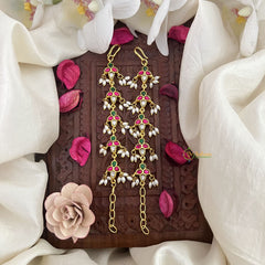 Vriksham Floral Kundan Jadau Single Strand Maatil-Red Green & White-Rice Pearls-J3245