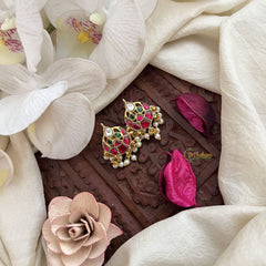 Vriksham Antique Half Circle Pear Drop Style Jadau Press Bugadi-Red Green & White-Pearl-J3564