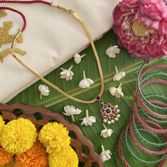 Vriksham Traditional Kemp Stone Floral Pendant Short Neckpiece-Red Green-Pearl-G17543