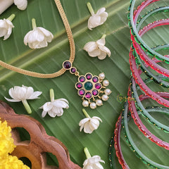 Vriksham Traditional Kemp Stone Floral Pendant Short Neckpiece-Red Green-Pearl-G17543