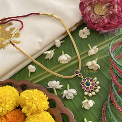 Vriksham Traditional Kemp Stone Floral Pendant Short Neckpiece-Red Green-Pearl-G17543