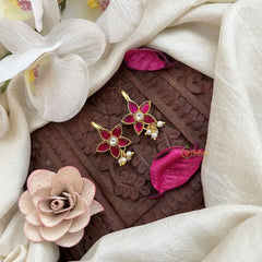 Vriksham Designer Floral Vine Kundan Jadau Press Bugadi-White Red-Pearl-J3548