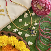 Vriksham Traditional Kemp Stone Floral Pendant Short Neckpiece-Blue Green-Pearl-G17544