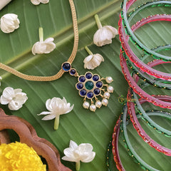 Vriksham Traditional Kemp Stone Floral Pendant Short Neckpiece-Blue Green-Pearl-G17544