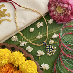 Vriksham Traditional Kemp Stone Floral Pendant Short Neckpiece-Blue Green-Pearl-G17544