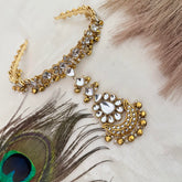 Vriksham Ghungroo Style Kundan Floral Chandbali Kundan Matha Patti Gold & Pearl Drop Tikka Headpiece-G22367