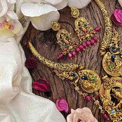 Vriksham Classic Dual Peacock & Lord Krishna Hasli Choker-Red Bead-G21665